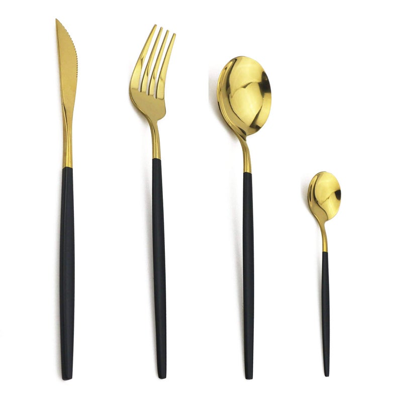 JANKNG 24-Piece Flatware Set, 18/0 Stainless Steel Knife Fork Spoon Teaspoon Silverware Set, Service for 6, Black Handle Gold - Image 2